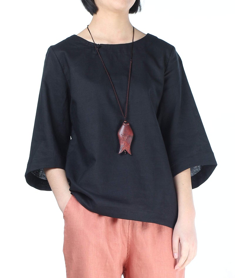 Minibee Women's Linen Blouse Round Neck 3/4 Sleeve Shirt Tops with Chinese Frog Button Black XL - Image 5